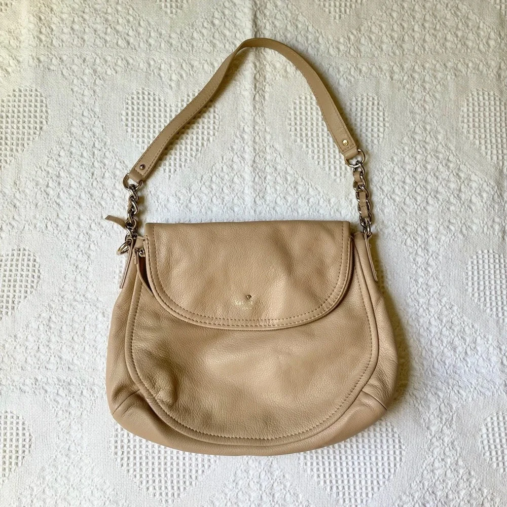 Kate Spade Purse Bag Beige Gold Pebbled Leather Cobble Hill Penny Pockets READ